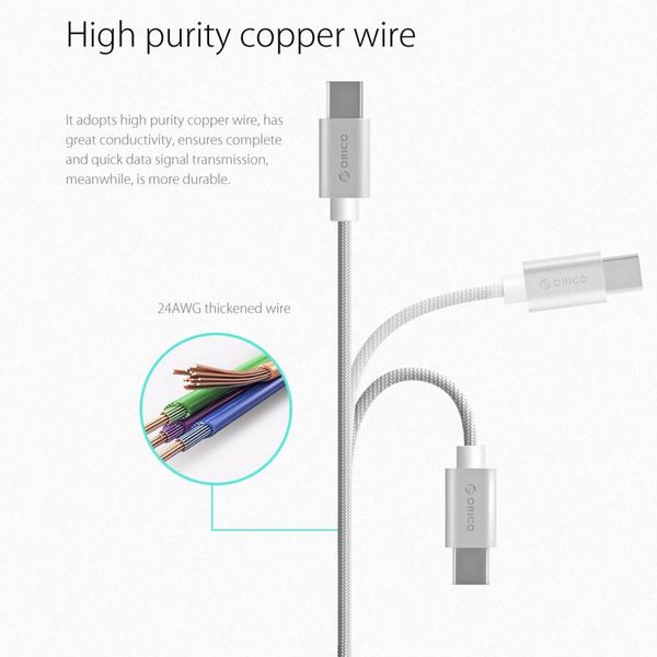 Orico USB Type-C charging and data cable - 3A - Braided Nylon - Aluminum - 1 Meter - Silver