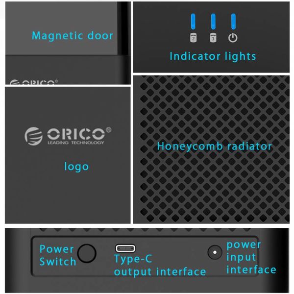 Orico Soft closing 2-Bay Type-C harde schijf station voor 3.5 inch SATA HDD –  Slaapmodus - LED-indicator - Zwart