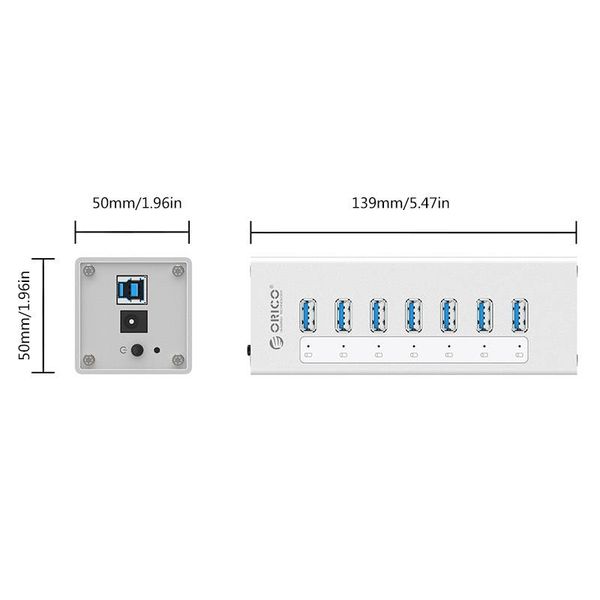 Orico Hub USB 3.0 en aluminium avec 7 ports - Incl. Adaptateur secteur 12V - Argent