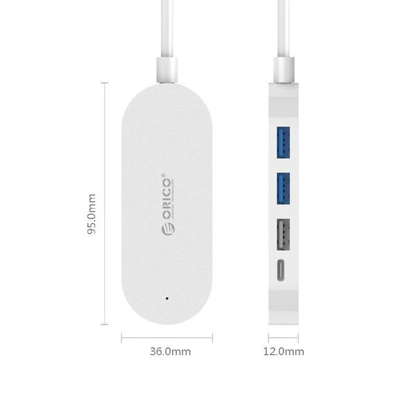Orico Typ C-Hub mit 3 USB-A-Anschlüssen und 1x USB-C-Anschluss - Integriertes 30-cm-Kabel - LED-Anzeige - Weiß