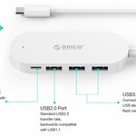 Orico Type-C hub met 3 USB-A poorten en 1x USB-C poort - Geïntegreerde kabel van 30 cm - LED-indicator - Wit