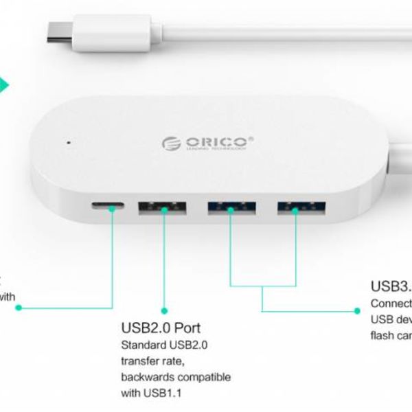 Orico Type-C hub with 3 USB-A ports and 1x USB-C port - Integrated 30 cm cable - LED indicator - White