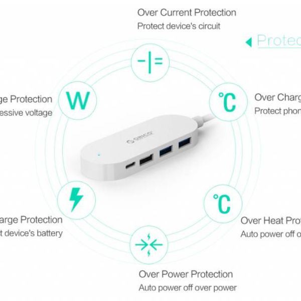 Orico Concentrateur de type C avec 3 ports USB-A et 1x port USB-C - Câble intégré de 30 cm - Indicateur LED - Blanc