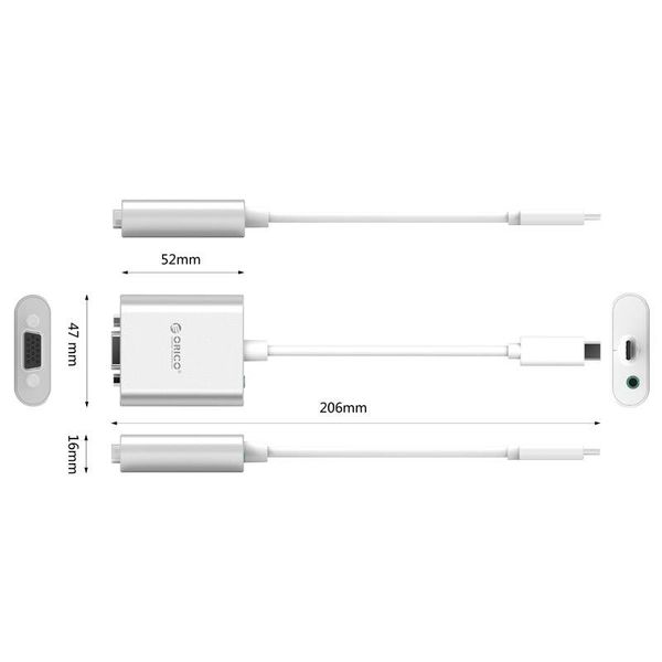 Orico Aluminum Type-C to VGA adapter - Incl. Audio output - Mac Style - 1920 x1080P Full HD - Silver