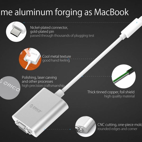Orico Aluminum Type-C to VGA adapter - Incl. Audio output - Mac Style - 1920 x1080P Full HD - Silver