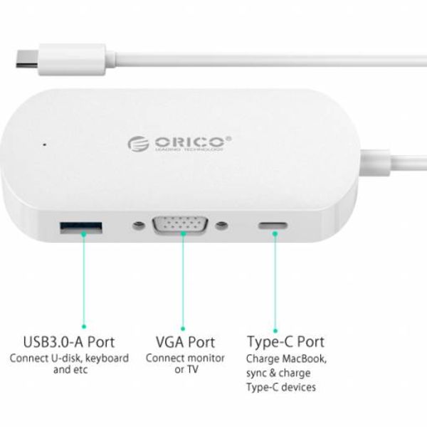 Orico 3-in-1 Type-C hub with USB 3.0 Type-A, Type-C PD and VGA ports - Power Delivery - IC chip - Cable length 30 CM - White