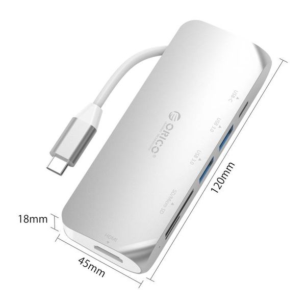 Orico Multifunctionele aluminium USB3.0 Type-C hub - Power Delivery - 4K HDMI - 2 x USB3.0 Type-A  - SD/TF kaartlezer - zilver