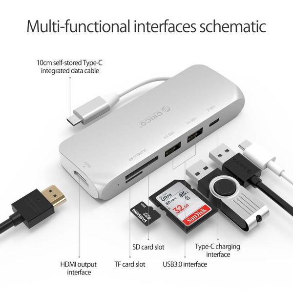 Orico Multifunctionele aluminium USB3.0 Type-C hub - Power Delivery - 4K HDMI - 2 x USB3.0 Type-A  - SD/TF kaartlezer - zilver