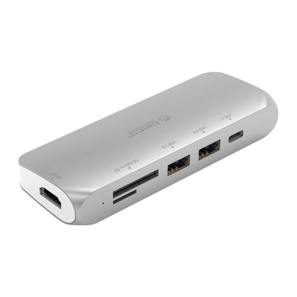 Orico Multifunktionaler USB3.0 Typ-C-Hub aus Aluminium - Stromversorgung - 4K HDMI - 2 x USB3.0 Typ A - SD / TF-Kartenleser - Silber