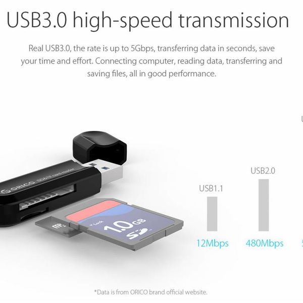 Orico Lecteur de carte USB3.0 pour cartes mémoire TF et SD - Fonction OTG - 5Gbps - Noir