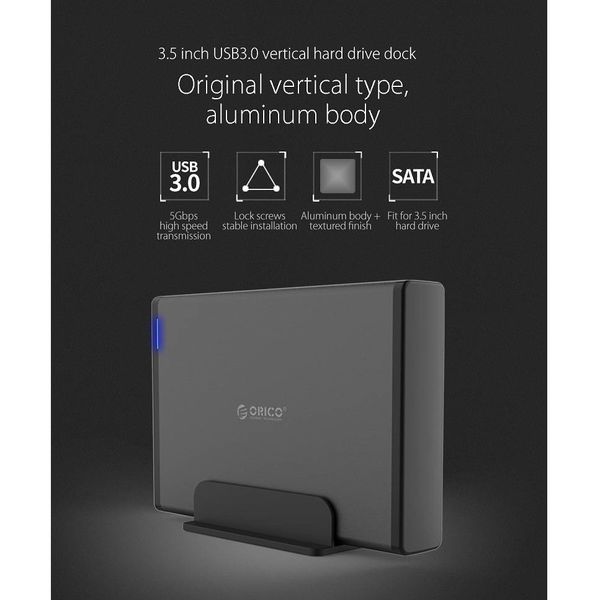 Orico Aluminum USB 3.0 Hard Drive Enclosure with lock - 3.5 inch - HDD / SSD - 5Gbps - LED indicators - 1M data cable - Black