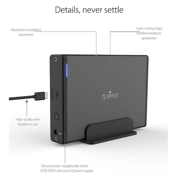 Orico Aluminum Type-C Hard Drive Enclosure with lock - 3.5 inch - HDD / SSD - 5Gbps - LED indicators - 1M data cable - Black