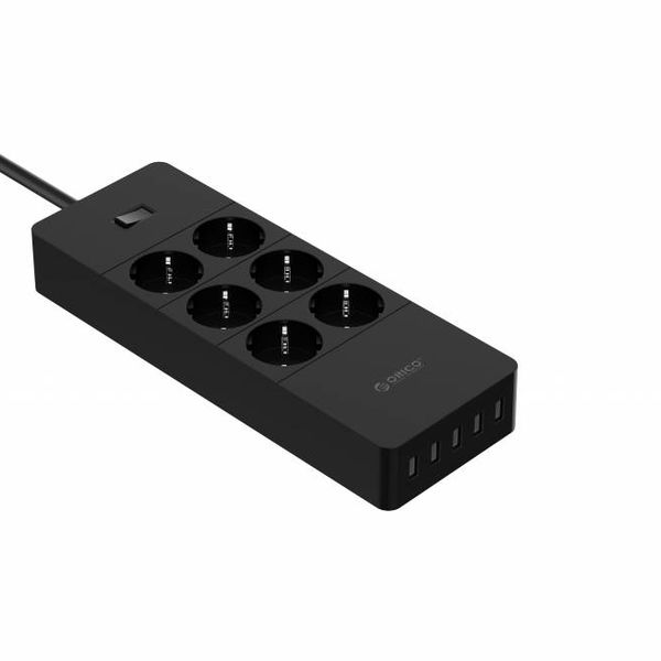 Orico USB power strip with six sockets and five USB charging ports - Incl. on / off switch - Black