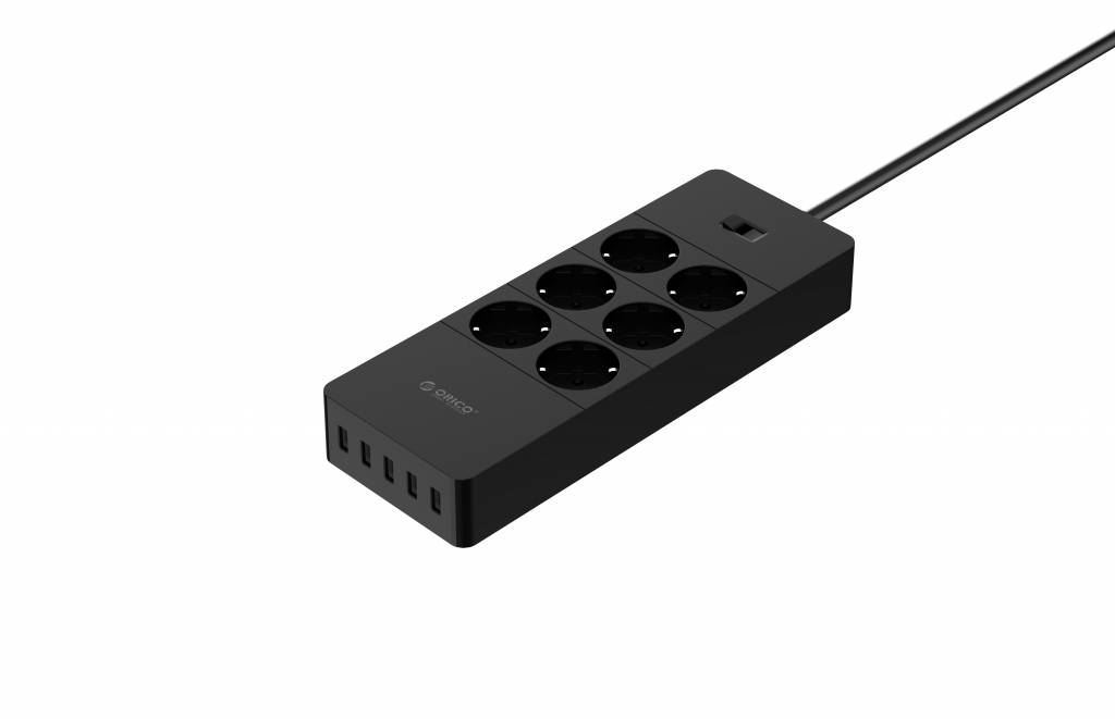 Barrette d'alimentation USB avec six prises et cinq ports de chargement USB  - Noir - Orico