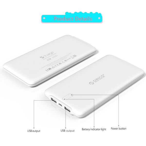 Orico 5000mAh Power Bank 2.4A Smart Charge LiPo including cable rechargeable battery white