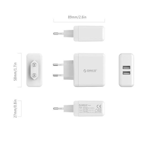 Dual USB charger - travel / home charger with 2x USB charging ports - IC  chip - 15W - White - Orico
