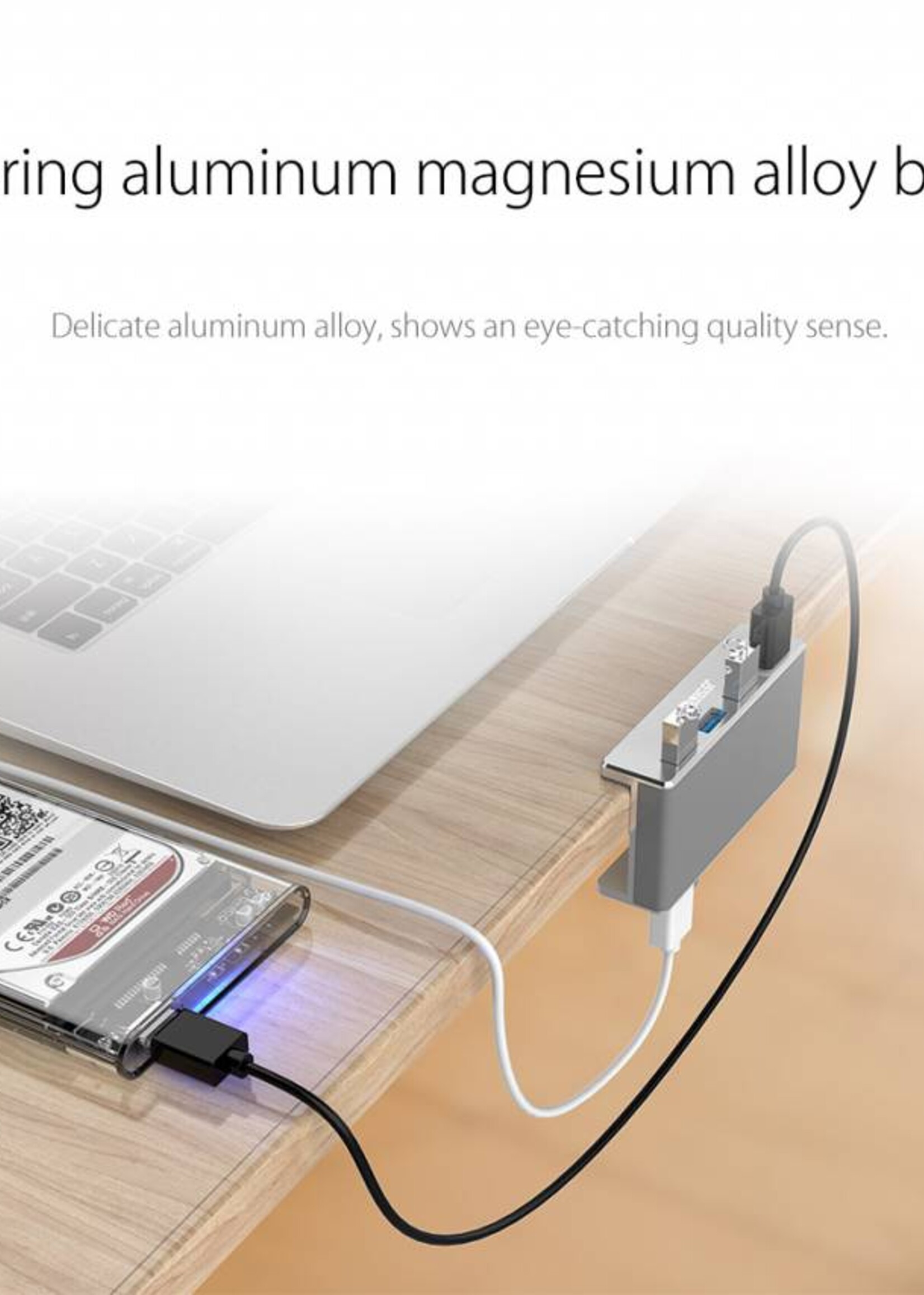 Orico Aluminium USB 3.0 hub met clip-on design - 4 USB Type-A poorten - Klembereik 10 tot 32mm - 5Gbps - Incl. datakabel - Zilver