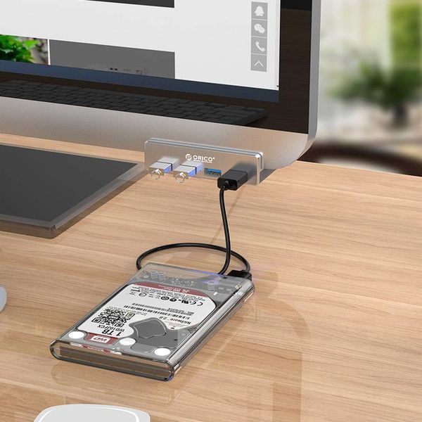 Orico Aluminum USB 3.0 hub with clip-on design - 4 USB Type-A ports - Clamping range 10 to 32mm - 5Gbps - Incl. data cable - Silver