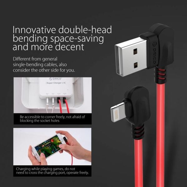Orico USB Type-A naar Lightning laadkabel - 2.4A - Kabellengte: 1 meter - Hoge kwaliteit materialen - Rood