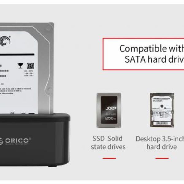 Orico Dockingstation für 2,5 Zoll oder 3,5 Zoll Festplatte - HDD/SSD - Inkl. Datenkabel und Netzteil - LED-Anzeige - Schwarz Hochglanz