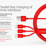 Orico Câble de charge 3 en 1 tressé en nylon avec interface Lightning, Micro B et Type-C - 3A - Connecteurs plaqués or - Alliage d'aluminium - Rouge