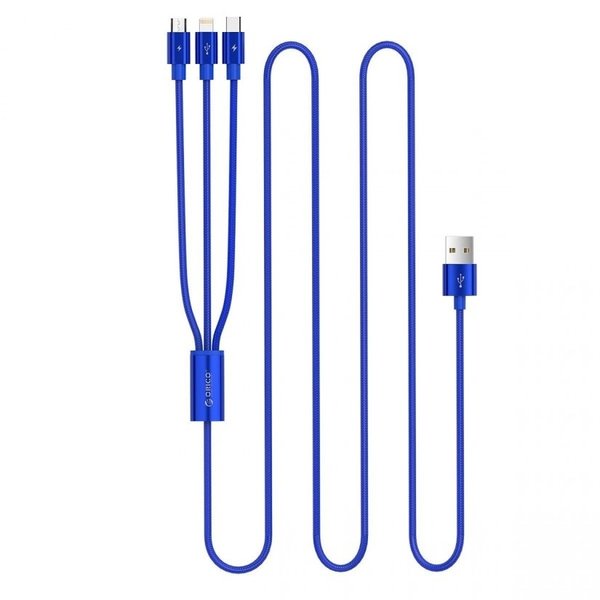 Orico Câble de charge 3 en 1 tressé en nylon avec interface Lightning, Micro B et Type-C - 3A - Connecteurs plaqués or - Alliage d'aluminium - Bleu