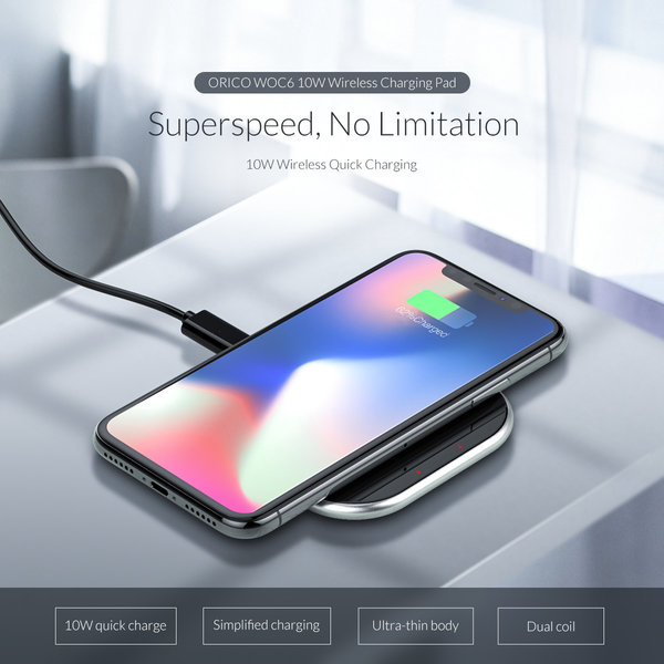 Orico Drahtloses Smartphone-Ladegerät mit 10 Watt Schnellladung - Ultradünnes Design aus 5,8 mm - 2D-gebogenes Glas - Lederboden - Inkl. 1M Kabel - Schwarz