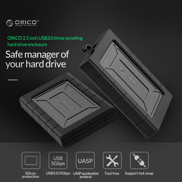 Orico Stoßfestes Festplattengehäuse 2,5 Zoll - HDD / SSD - Silikonschutzhülle - UASP - 5 Gbit / s - Inkl. Kabel- Schwarz