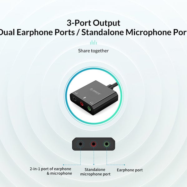 Orico USB-Soundkarte mit 10 cm Kabel - Mikrofon-, Lautsprecher- und Headset-Funktion - Schwarz