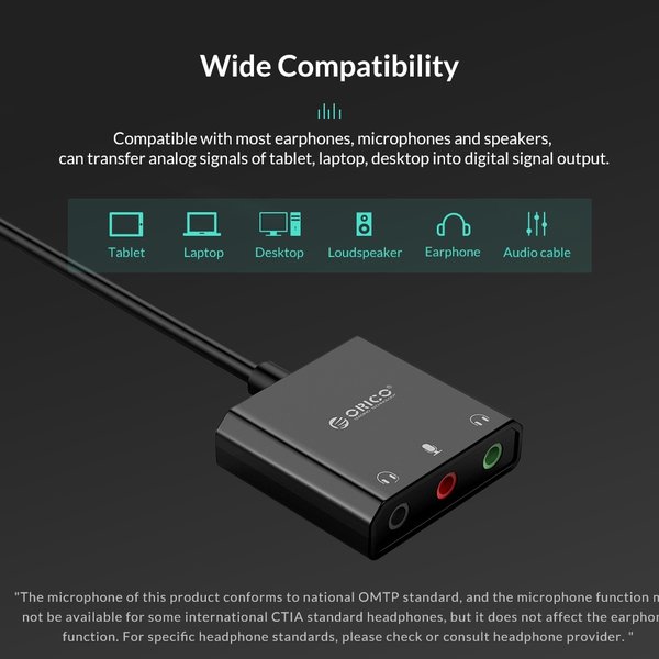 Orico USB-Soundkarte mit 10 cm Kabel - Mikrofon-, Lautsprecher- und Headset-Funktion - Schwarz