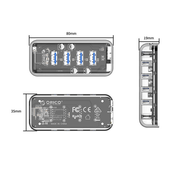 Orico Transparenter USB3.0 Hub mit 4 Ports - 5 Gbit / s - Spezielle LED-Anzeige - Datenkabel von 100 cm