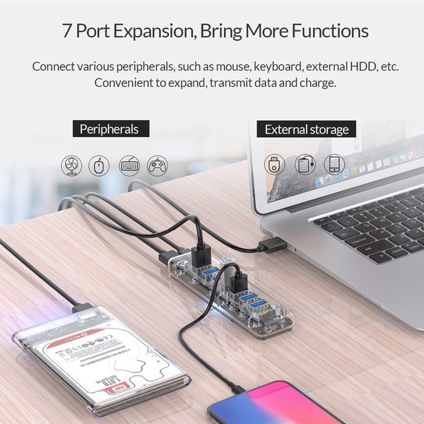 Orico Transparenter USB3.0 Hub mit 7 Ports - 5 Gbit / s - Spezielle LED-Anzeige - Datenkabel von 100 cm