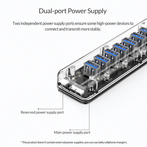 Orico Hub USB3.0 transparent avec 7 ports - 5 Gbps - Indicateur LED spécial - Câble de données de 100cm