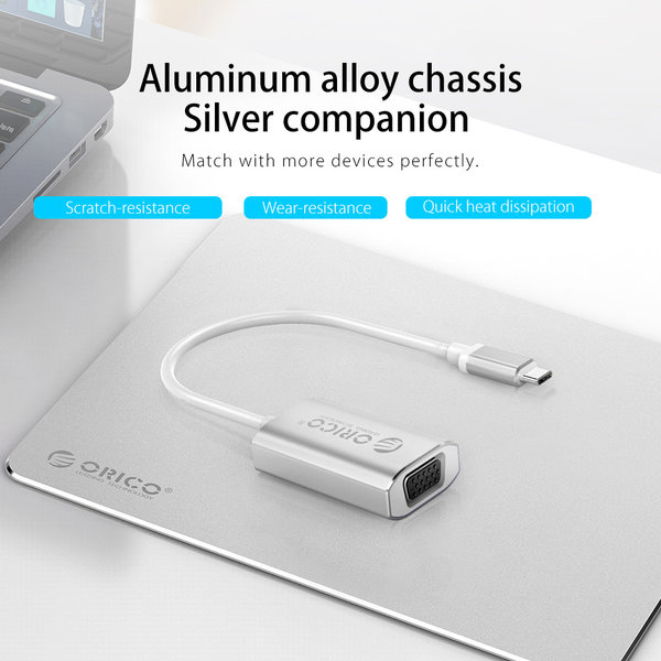 Orico Aluminium USB-C naar VGA Adapter – 4K Ultra HD – 1080P@60Hz - voor MacBook, Mi NoteBook Air, Huawei MateBook en Lenovo YOGA – Mac Style – 15CM Kabel – Zilver