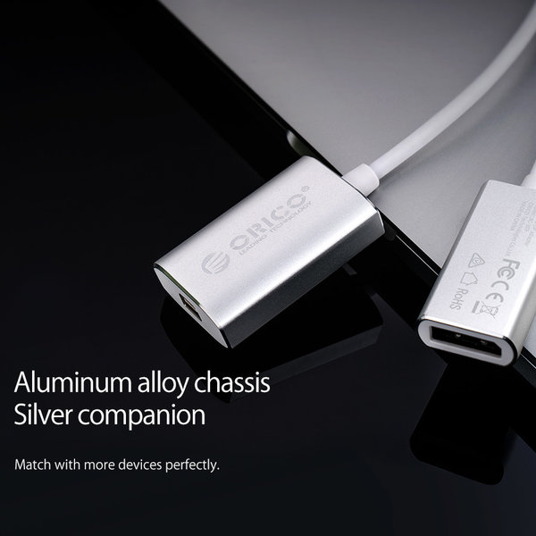 Orico Aluminium USB-C naar DisplayPort Adapter – 4K Ultra HD @60Hz - voor MacBook, Mi NoteBook Air, Huawei MateBook en Lenovo YOGA – Mac Style – 15CM Kabel – Zilver