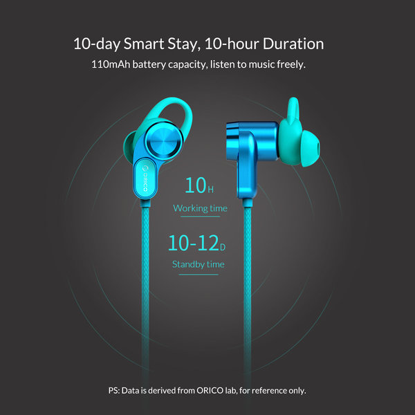 Orico Bluetooth In-Ear Sport Headset / Kopfhörer mit Lautstärkeregler, Mikrofon und Steuertaste - Bluetooth 5.0 + EDR - 10 Meter Reichweite - 110mAh - Wasserdicht - Staubdicht - Inkl. Ladekabel - Blau