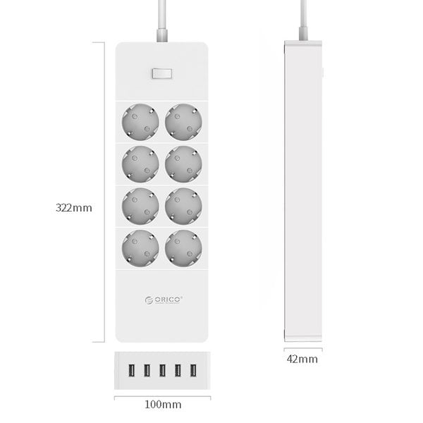 Orico multiprise avec huit prises et cinq ports de chargement USB - Incl. interrupteur marche / arrêt et protection contre les surtensions - Blanc