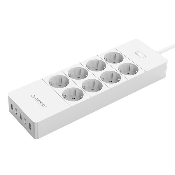 Orico multiprise avec huit prises et cinq ports de chargement USB - Incl. interrupteur marche / arrêt et protection contre les surtensions - Blanc