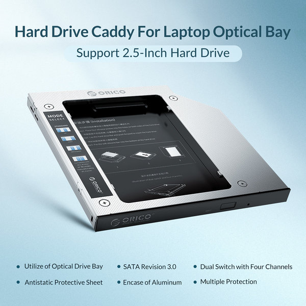 Laptop caddy for hard disk up to 9.5mm - SATA - silver