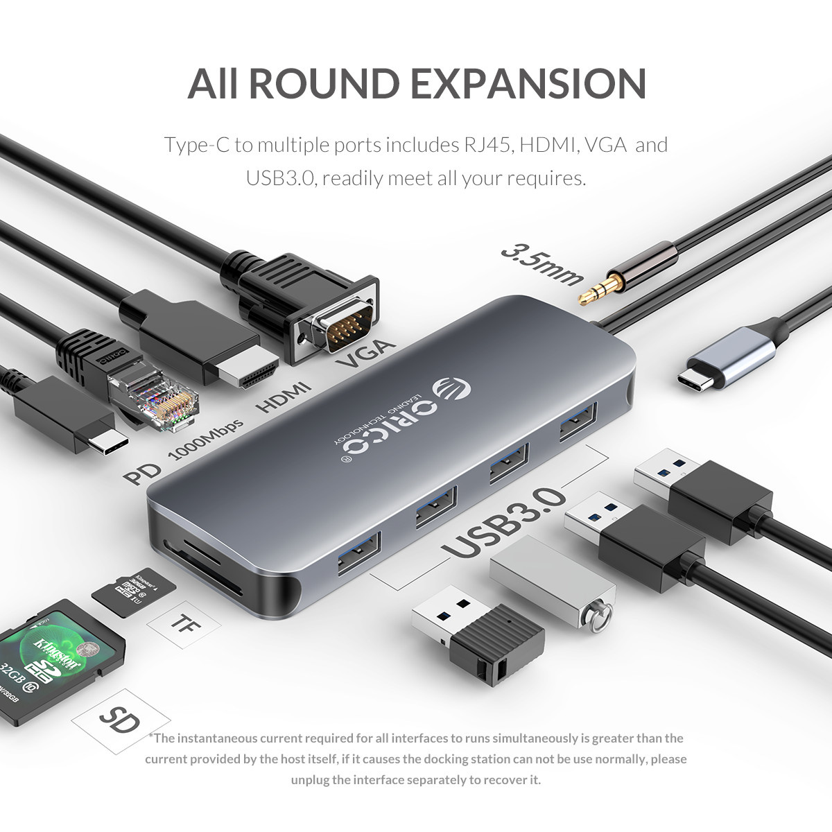 HUB 10 in 1 - USB-C, Audio, LAN, HDMI, VGA, SD, Micro SD, 3x USB 3.0