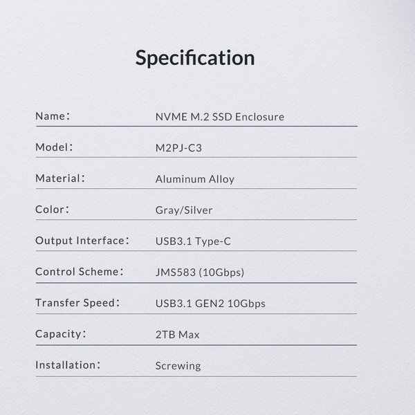 NVME M.2 SSD behuizing – USB-C 3.1 - 10Gbps - Sky Grey