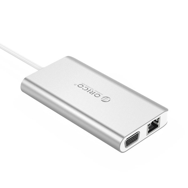 Hub USB-C 8-en-1 en aluminium - USB-C, HDMI, USB 3.0, RJ45, lecteur de carte SD, audio et VGA - Argent