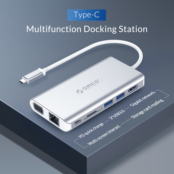 Aluminium 8-in-1 USB-C hub - USB-C, HDMI, USB 3.0, RJ45, SD kaartlezer, Audio en VGA - Zilver