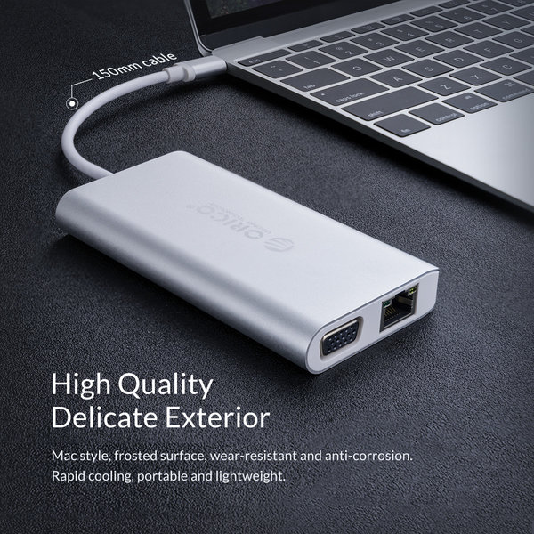 Hub USB-C 8-en-1 en aluminium - USB-C, HDMI, USB 3.0, RJ45, lecteur de carte SD, audio et VGA - Argent