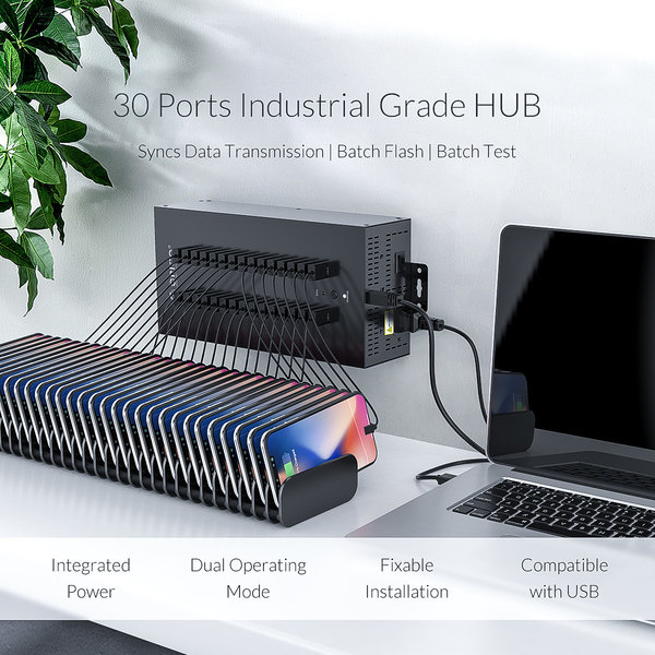 Hub USB industriel en acier avec 30 ports - 300W - chargement et transfert de données - noir