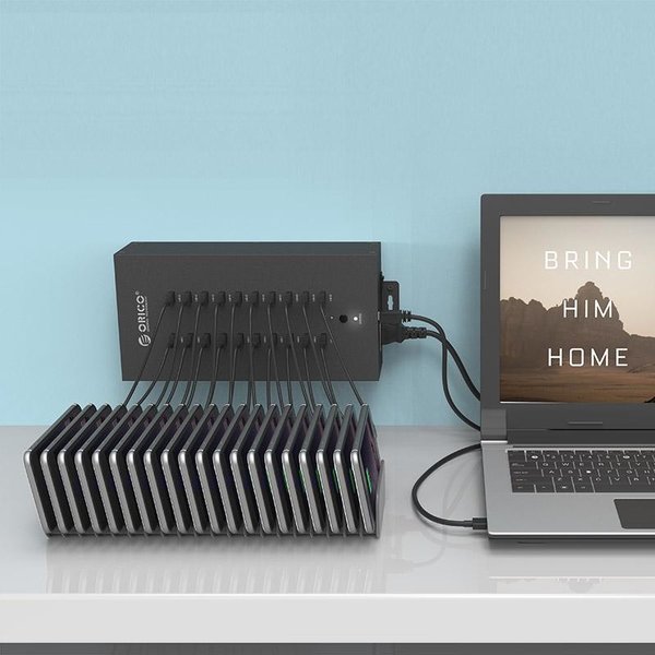 Orico Stahl-Industrie-Hub mit 20 USB-Anschlüssen - 150 W - Laden und Datenübertragung - schwarz