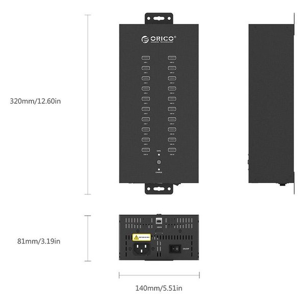 Orico Hub industriel en acier avec 20 ports USB - 150W - chargement et transfert de données - noir