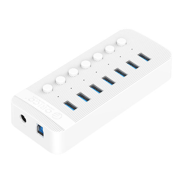 USB 3.0 hub with 7 ports - BC 1.2 - on / off switches - 24W - white