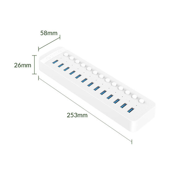 USB 3.0 hub met 13 poorten - BC 1.2 - aan/uit schakelaars - 60W - wit