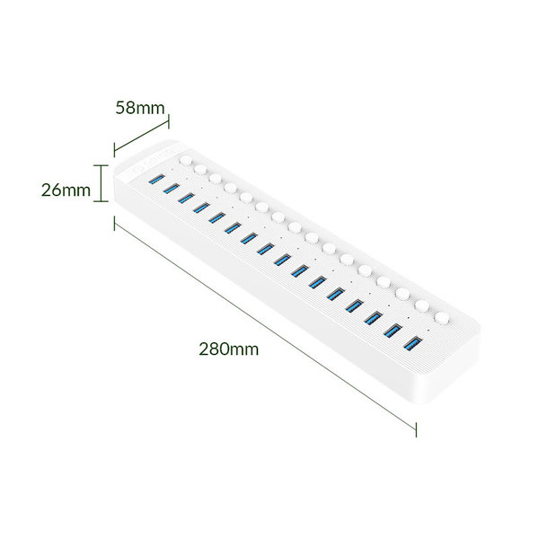 Hub USB 3.0 à 16 ports - BC 1.2 - interrupteurs marche / arrêt - 78W - blanc